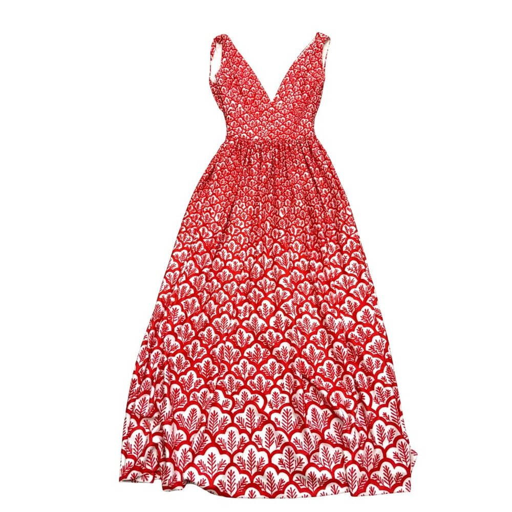 Adele Simpson Women's Long Maxi Dress Floral Red White V-Neck Vintage 60s 70s